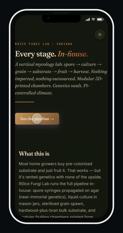 Fungi Lab website running on a phone