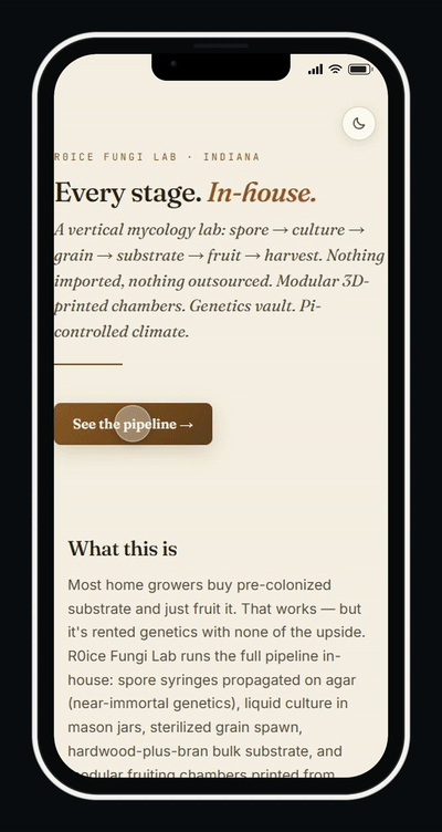 Fungi Lab website running on a phone