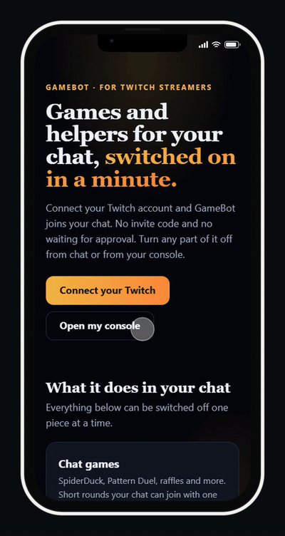 GameBot page running on a phone