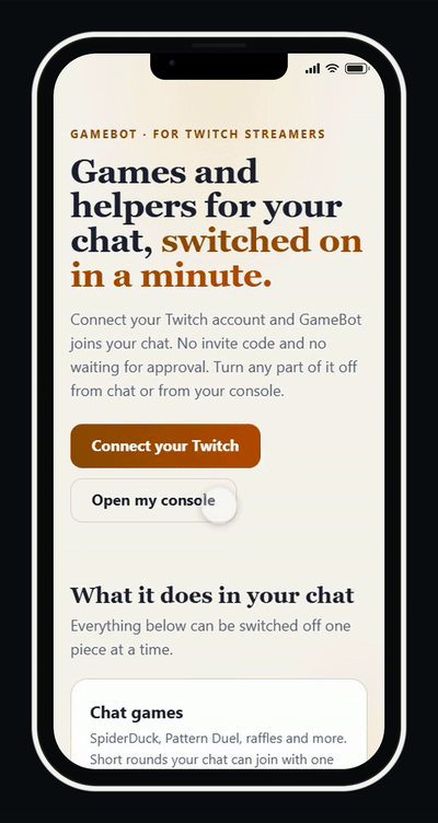 GameBot page running on a phone