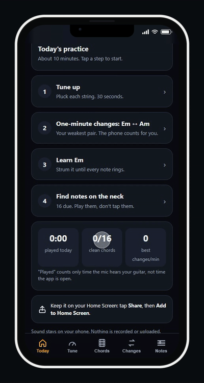 Guitar app running on a phone