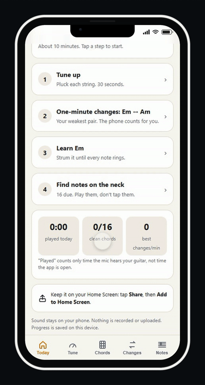 Guitar app running on a phone