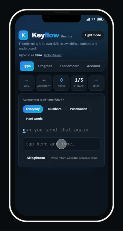 Keyflow typing trainer running on a phone