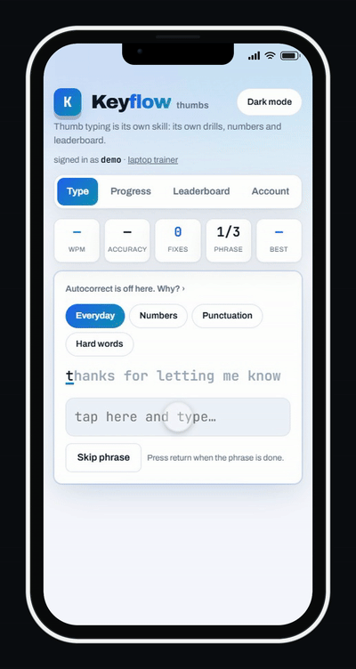 Keyflow typing trainer running on a phone
