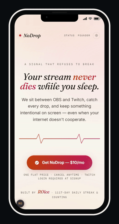 NoDrop page running on a phone