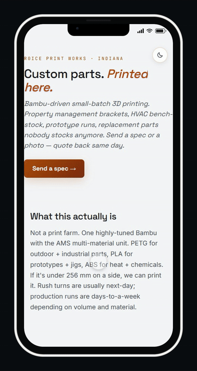 Print Works website running on a phone