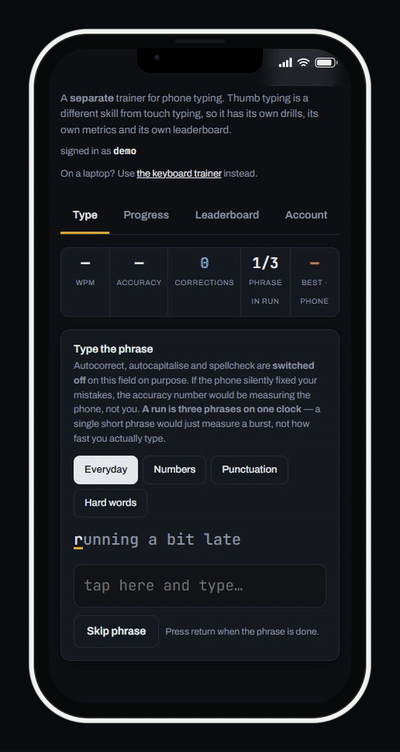 Typing trainer running on a phone