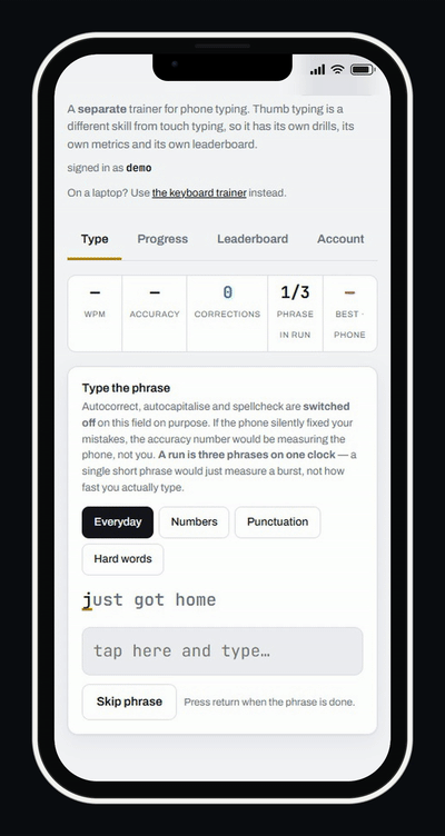 Typing trainer running on a phone